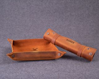 Leather Tray With Straps, Size M In Cognac Color