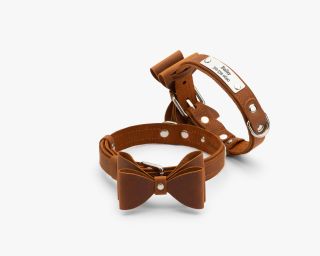 Leather Bow Tie Dog Collar, Size M In Cognac Color