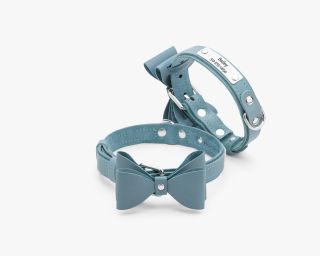 Leather Bow Tie Dog Collar, Size M In Iceberg Color