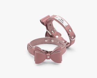 Leather Bow Tie Dog Collar, Size M In Dusty Rose Color
