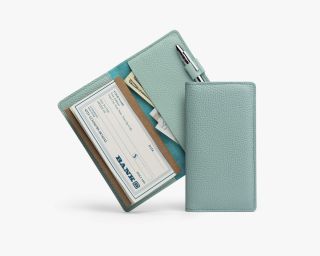 Pebbled Leather Checkbook Cover In Sky Blue Color