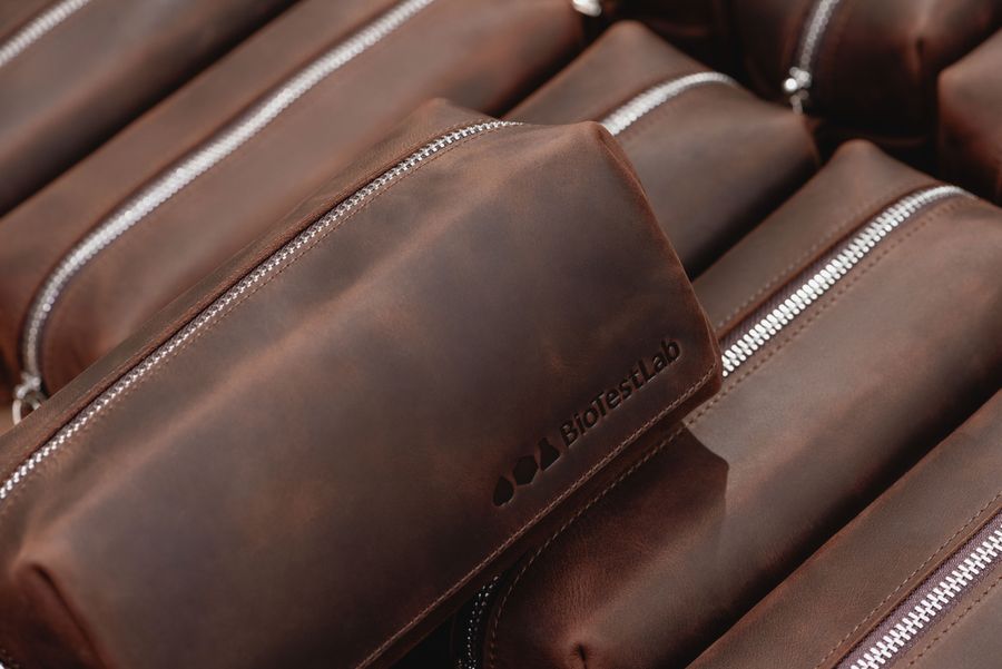Leather dopp kits with the BioTestLab logo